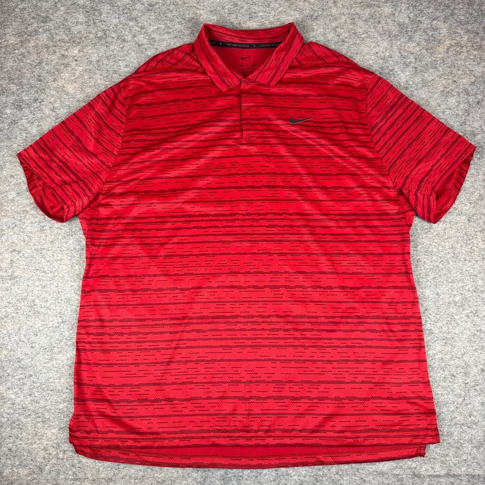 Nike Dri Fit ADV Tiger Woods Collection Polo Shirt Striped Polyester Red Mens XL